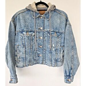 American Eagle Hoodie Jean Jacket Raw Hem W's XS Boyfriend Cropped Y2K Grunge